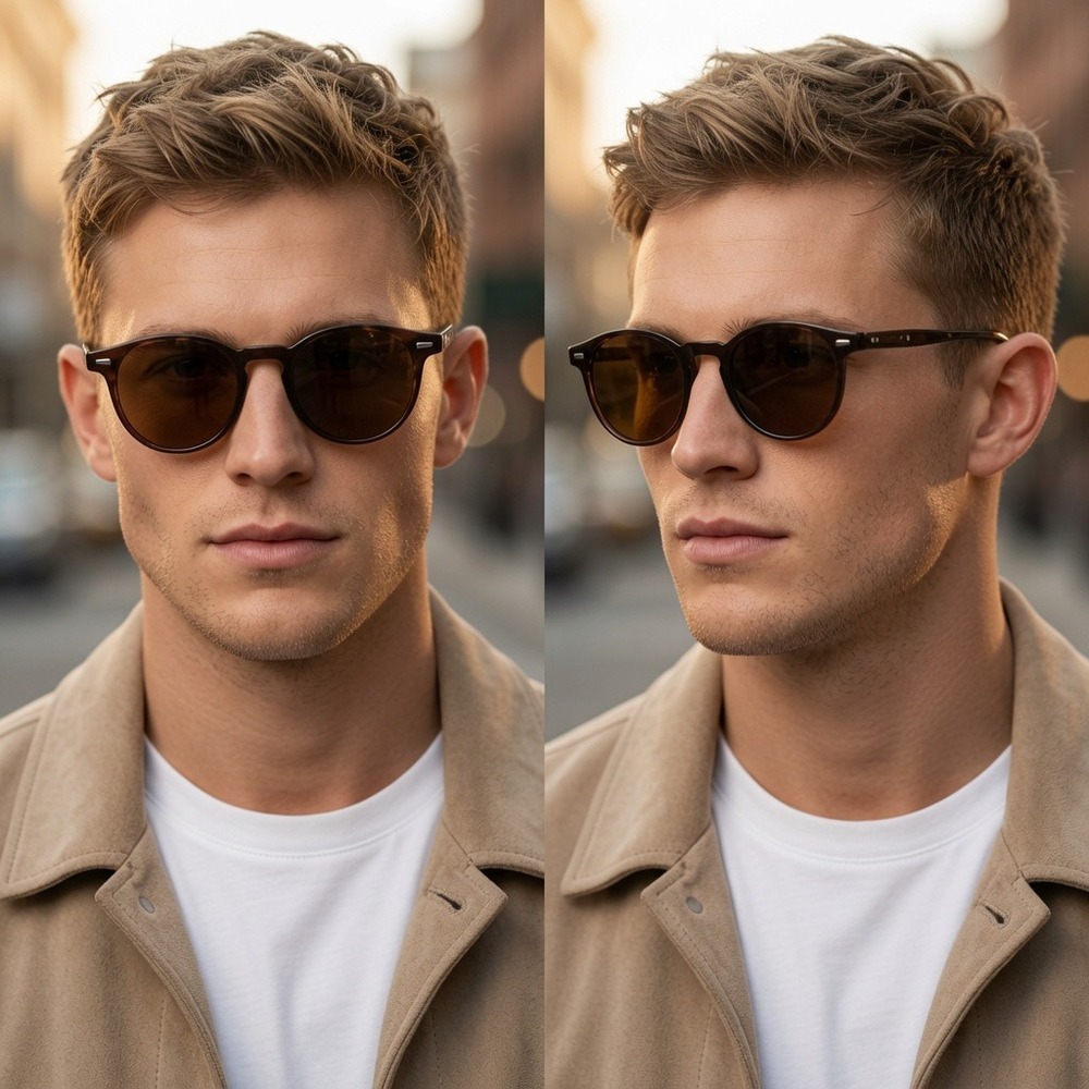 Mens Round Vintage Style Sunglasses Brown Lens Retro Keyhole Bridge Retro Classy